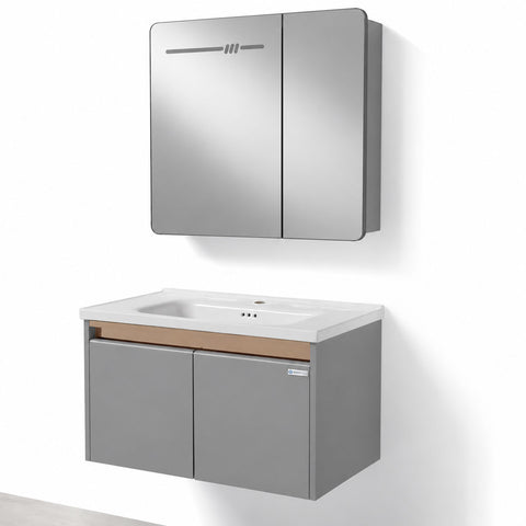 Set Mobile Bagno Sospeso ASTER 80 cm in Alluminio con fascia Bronzata, Lavabo in Ceramica e Specchiera LED con rilevamento persona