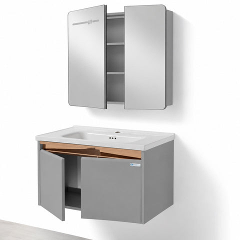 Set Mobile Bagno Sospeso ASTER 80 cm in Alluminio con fascia Bronzata, Lavabo in Ceramica e Specchiera LED con rilevamento persona