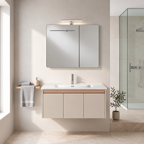 Set Mobile Bagno Sospeso ASTER 100 cm in Alluminio con fascia Bronzata, Lavabo in Ceramica e Specchiera LED con rilevamento persona