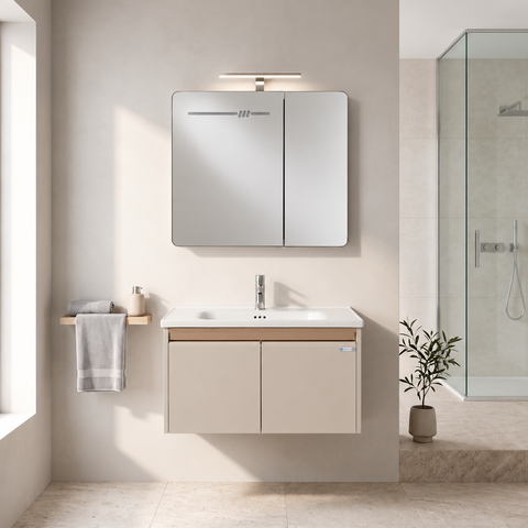 Set Mobile Bagno Sospeso ASTER 80 cm in Alluminio con fascia Bronzata, Lavabo in Ceramica e Specchiera LED con rilevamento persona