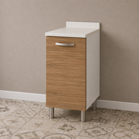 Mobile base per cucina componibile da 40 cm con anta singola finitura noce effetto legno, struttura bianca e piedini metallici regolabili. Soluzione pratica e versatile per completare composizioni cucina moderne e funzionali.