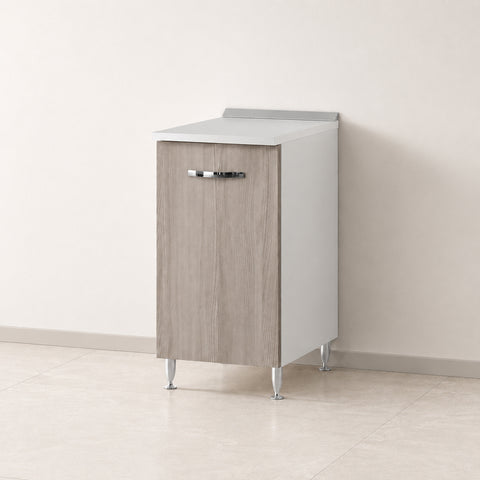 Mobile base per cucina componibile da 40 cm con 1 anta, finitura olmo chiaro effetto legno e struttura bianca profondità 50 cm. Ideale per completare composizioni cucina moderne e funzionali, offrendo pratico spazio contenitivo per utensili, pentole e accessori.