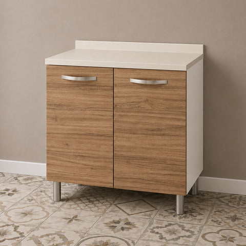 Mobile base per cucina componibile da 80 cm con 1 anta, finitura noce effetto legno e struttura bianca profondità 50 cm. Ideale per completare composizioni cucina moderne e funzionali, offrendo pratico spazio contenitivo per utensili, pentole e accessori.