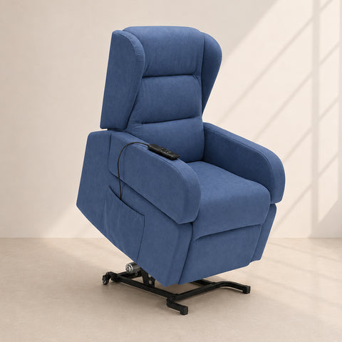 Poltrona Bilbao relax elettrica 2 motori alzapersona in tessuto blu con braccioli estraibili e tavolino opzionale
