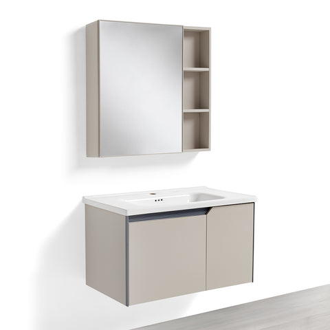 Mobile Bagno Sospeso 80 cm CAMELIA in alluminio, con 2 ante, specchio contenitore a 1 anta e lavabo in ceramica