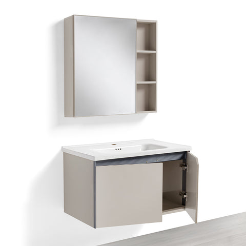 Mobile Bagno Sospeso 80 cm CAMELIA in alluminio, con 2 ante, specchio contenitore a 1 anta e lavabo in ceramica