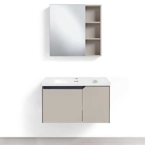 Mobile Bagno Sospeso 80 cm CAMELIA in alluminio, con 2 ante, specchio contenitore a 1 anta e lavabo in ceramica