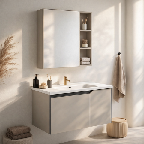 Mobile Bagno Sospeso 80 cm CAMELIA in alluminio, con 2 ante, specchio contenitore a 1 anta e lavabo in ceramica