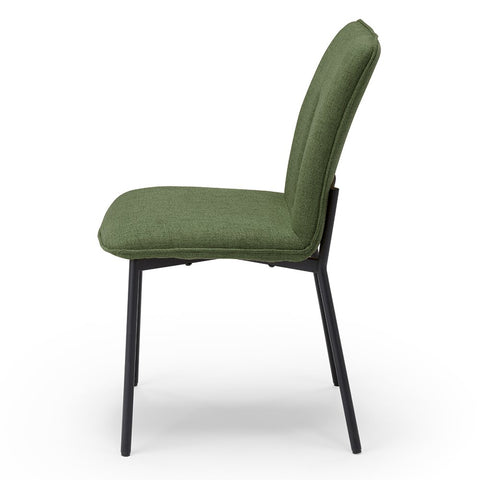 Sedia imbottita in tessuto verde oliva con gambe in metallo
