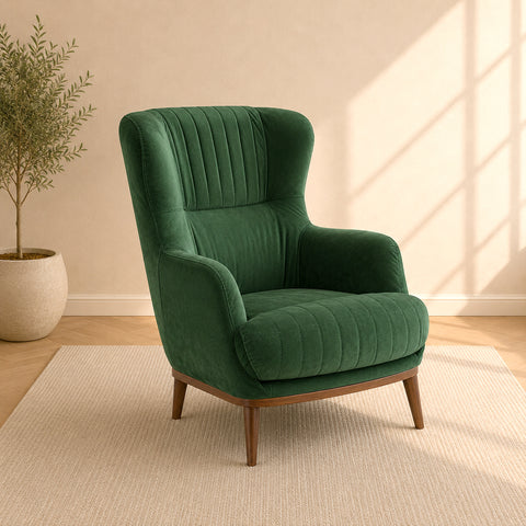 Carezza poltrona bergère in tessuto velluto con struttura in legno per arredamento elegante e moderno