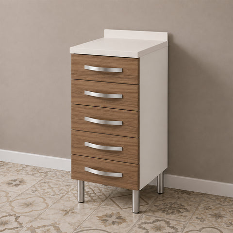 Mobile cassettiera per cucina componibile da 40 cm con 5 pratici cassetti, frontali finitura noce effetto legno e struttura bianca. Ideale per organizzare posate, utensili e accessori da cucina, perfetta per arredare cucine moderne, classiche e contemporanee.