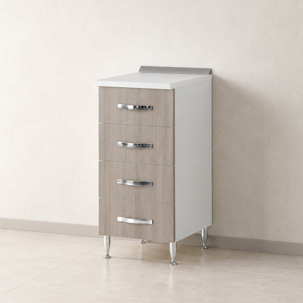 Mobile cassettiera per cucina componibile da 40 cm con 4 pratici cassetti, finitura olmo chiaro effetto legno e struttura bianca profondità 50 cm. Ideale per organizzare utensili, posate e accessori da cucina, perfetta per arredare cucine moderne, classiche e contemporanee.