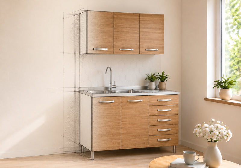 Cucina componibile completa con basi contenitive, cassettiera a 4 cassetti, pensili sospesi e frontali finitura noce effetto legno. Dotata di lavello in acciaio inox e struttura bianca, rappresenta una soluzione pratica, elegante e versatile per arredare cucine moderne e contemporanee.