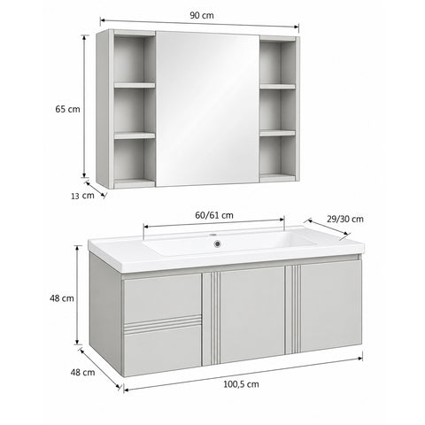 Set Mobile Bagno Sospeso DAFNE 100 cm in Alluminio con Lavabo in Ceramica e Specchiera Contenitore