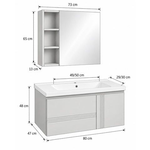 Set Mobile Bagno Sospeso DAFNE 80 cm in Alluminio con Lavabo in Ceramica e Specchiera Reversibile