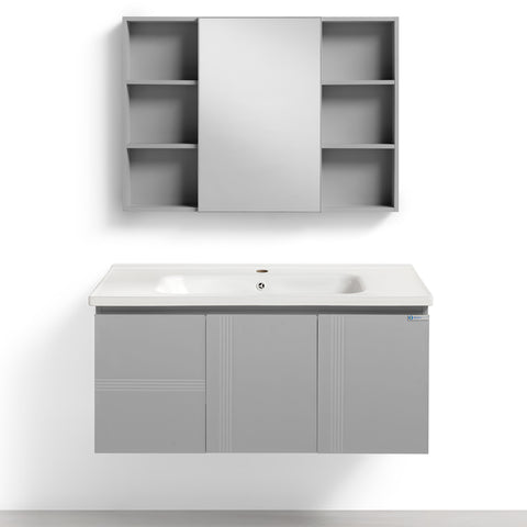 Set Mobile Bagno Sospeso DAFNE 100 cm in Alluminio con Lavabo in Ceramica e Specchiera Contenitore