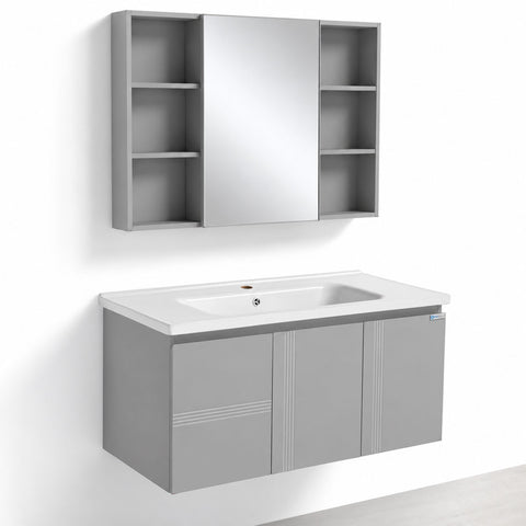 Set Mobile Bagno Sospeso DAFNE 100 cm in Alluminio con Lavabo in Ceramica e Specchiera Contenitore