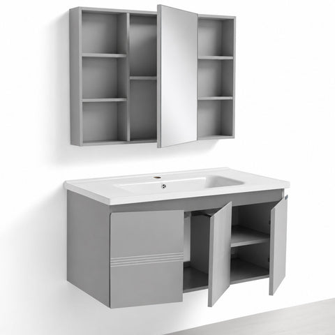 Set Mobile Bagno Sospeso DAFNE 100 cm in Alluminio con Lavabo in Ceramica e Specchiera Contenitore