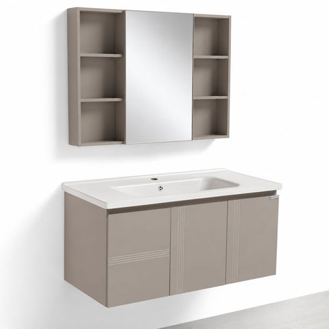 Set Mobile Bagno Sospeso DAFNE 100 cm in Alluminio con Lavabo in Ceramica e Specchiera Contenitore