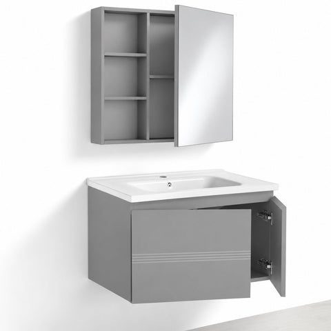 Set Mobile Bagno Sospeso DAFNE 80 cm in Alluminio con Lavabo in Ceramica e Specchiera Reversibile
