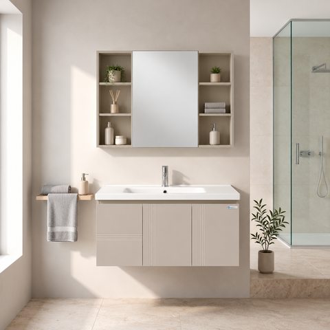 Set Mobile Bagno Sospeso DAFNE 100 cm in Alluminio con Lavabo in Ceramica e Specchiera Contenitore