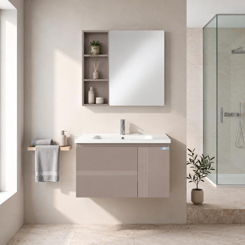 Set Mobile Bagno Sospeso DAFNE 80 cm in Alluminio con Lavabo in Ceramica e Specchiera Reversibile
