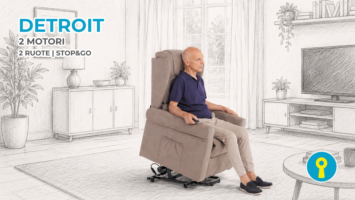 Poltrona relax elettrica alzapersona Detroit con 2 motori indipendenti e sistema Stop&Go, utilizzata in un soggiorno moderno con sfondo illustrato.