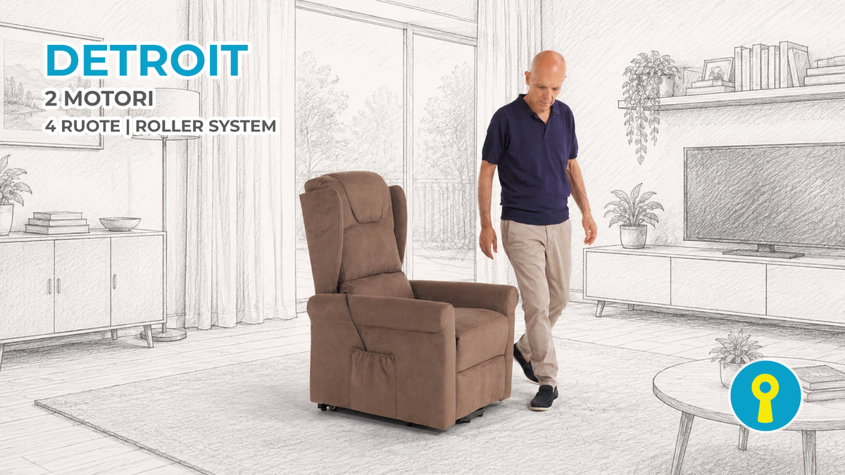 Poltrona relax elettrica alzapersona Detroit con 2 motori e sistema Roller a 4 ruote, progettata per facilitare lo spostamento della poltrona in casa in modo pratico e sicuro.