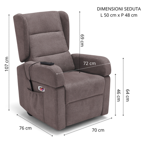 Poltrona elettrica relax Bilbao 4 motori con Batteria, Drive System, Vibromassaggio, Sistema Riscaldante e Kit Optional Tavolino Legge 104
