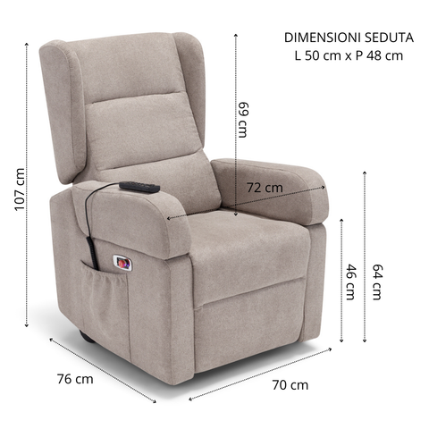 Poltrona elettrica relax Bilbao 4 motori con Batteria, Drive System, Vibromassaggio, Sistema Riscaldante e Kit Optional Tavolino Legge 104