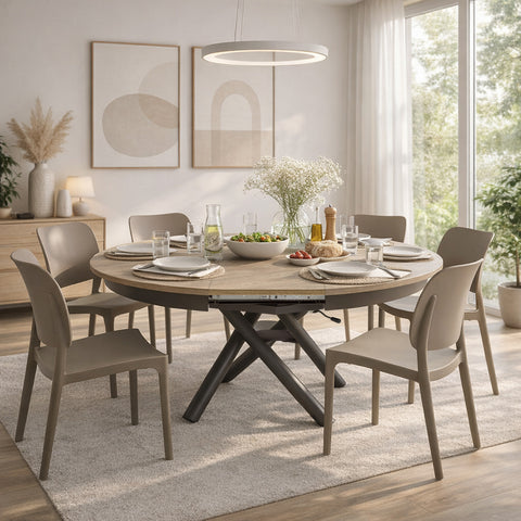 Tavolo rotondo trasformabile in ellittico ELIO 105 estensibile centralmente e regolabile in altezza