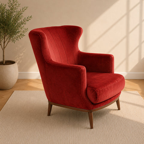 Poltrona Etrò bergère rossa in velluto con struttura in legno per arredamento elegante e moderno
