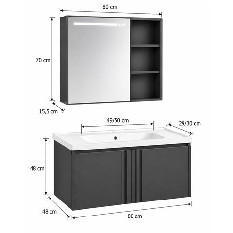 Set Mobile Bagno Sospeso FIORDALISO 80 cm in Alluminio con Lavabo in Ceramica e Specchiera LED Touch Screen Antiappannamento