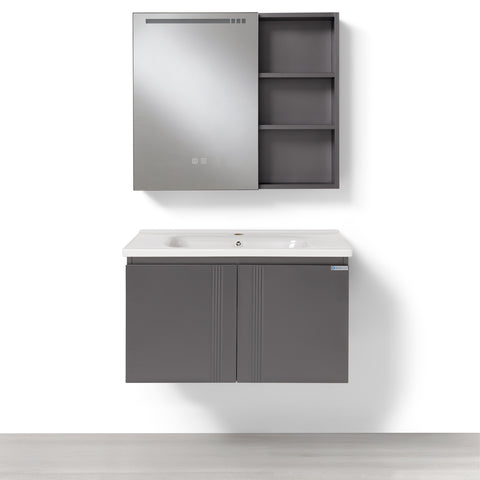 Set Mobile Bagno Sospeso FIORDALISO 80 cm in Alluminio con Lavabo in Ceramica e Specchiera LED Touch Screen Antiappannamento