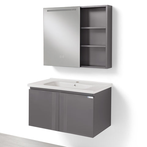 Set Mobile Bagno Sospeso FIORDALISO 80 cm in Alluminio con Lavabo in Ceramica e Specchiera LED Touch Screen Antiappannamento