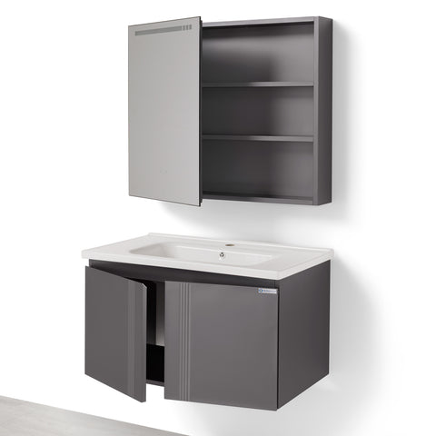 Set Mobile Bagno Sospeso FIORDALISO 80 cm in Alluminio con Lavabo in Ceramica e Specchiera LED Touch Screen Antiappannamento