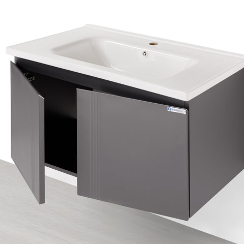 Set Mobile Bagno Sospeso FIORDALISO 80 cm in Alluminio con Lavabo in Ceramica e Specchiera LED Touch Screen Antiappannamento
