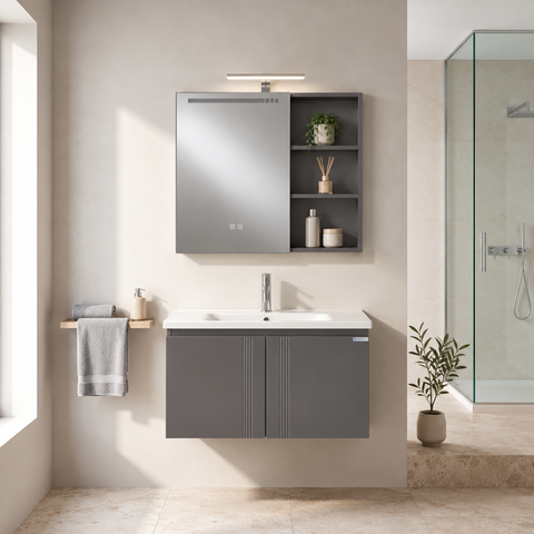 Set Mobile Bagno Sospeso FIORDALISO 80 cm in Alluminio con Lavabo in Ceramica e Specchiera LED Touch Screen Antiappannamento