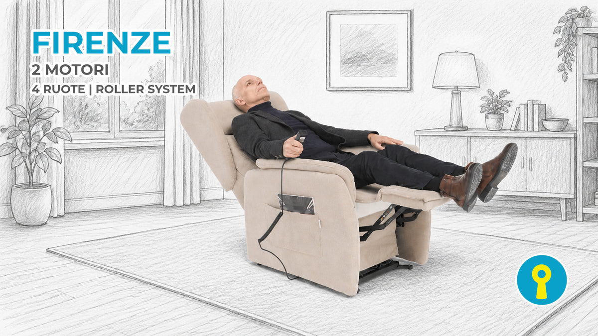 Poltrona relax elettrica alzapersona Firenze con 2 motori indipendenti e Roller System a 4 ruote, reclinata in posizione relax per il massimo comfort domestico.