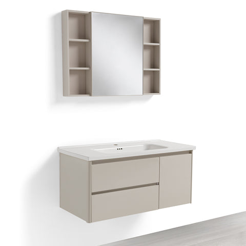 Mobile Bagno Sospeso 100 cm GENZIANA in alluminio, con 2 cassetti e 1 anta, specchio contenitore a 1 anta, lavabo in ceramica