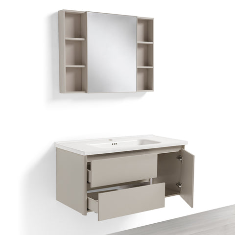 Mobile Bagno Sospeso 100 cm GENZIANA in alluminio, con 2 cassetti e 1 anta, specchio contenitore a 1 anta, lavabo in ceramica