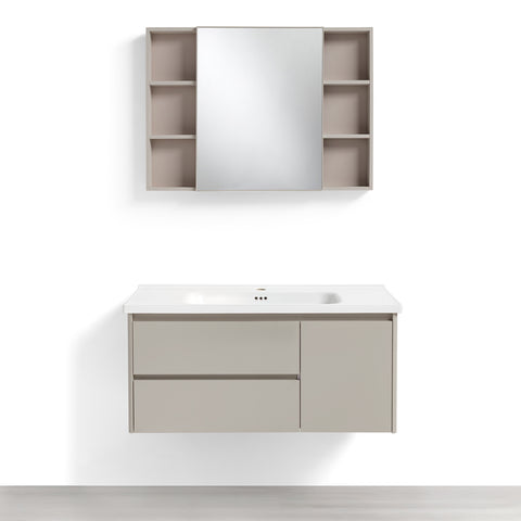 Mobile Bagno Sospeso 100 cm GENZIANA in alluminio, con 2 cassetti e 1 anta, specchio contenitore a 1 anta, lavabo in ceramica
