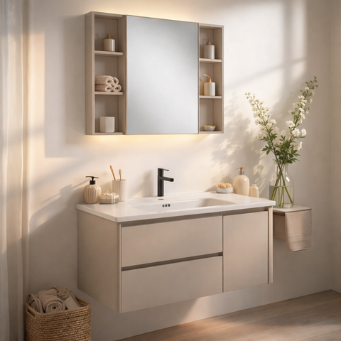 Mobile Bagno Sospeso 100 cm GENZIANA in alluminio, con 2 cassetti e 1 anta, specchio contenitore a 1 anta, lavabo in ceramica