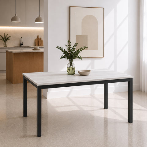 Tavolo da pranzo Giotto in melaminico effetto quercia bianco con gambe in metallo per ambienti moderni