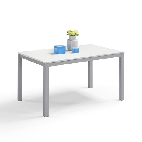 Tavolo per soggiorno con top in legno effetto bianco frassino allungabile e struttura in metallo