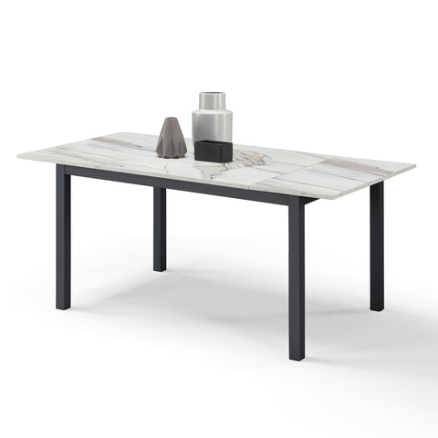 Tavolo per soggiorno con top in legno effetto marmo allungabile e struttura in metallo