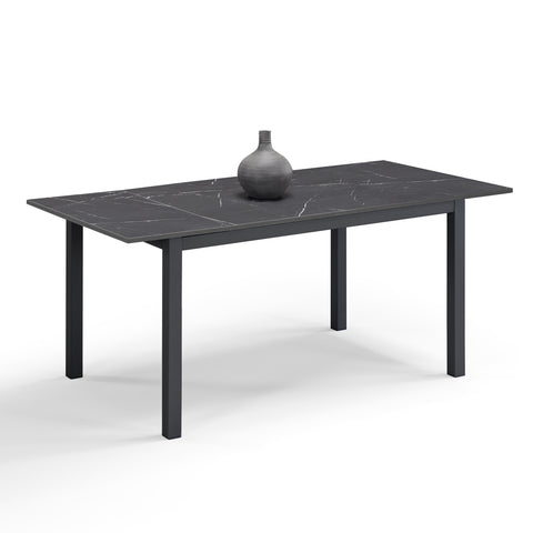 Tavolo per soggiorno con top in legno effetto pietra nera allungabile e struttura in metallo