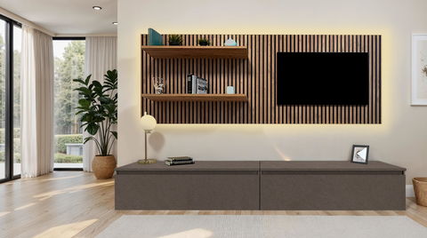 Parete Attrezzata Infinity D1 con Boiserie Dogata con 4 Mensole, Kit Optional Led e Base Porta TV 100% Made in Italy