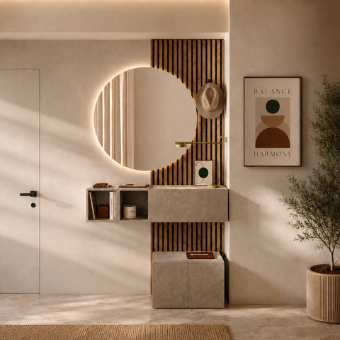 Composizione ingresso INFINITY 284 con pannello dogato, panca e cubi contenitori
