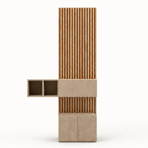 Composizione ingresso INFINITY 284 con pannello dogato, panca e cubi contenitori